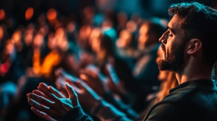 Audience enthusiastically applauding during a live performance in a dimly lit venue