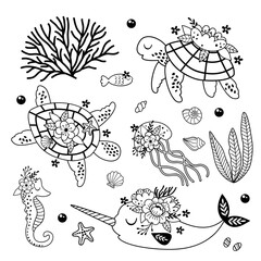 set of isolated cute outline  sea animals with flowers
