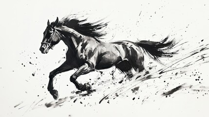 Bold Ink painting of a Warhorse Galloping Across an.