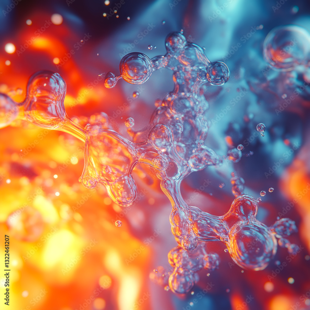 Poster Shimmering bubbles form fluid, organic shapes as if in a state of weightlessness. Deep blues and vibrant orange-gold hues enhance the play of light and add a futuristic aesthetic to the composition