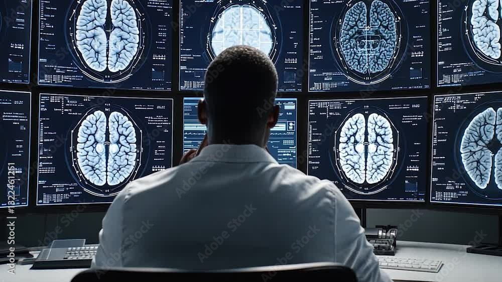 Aufkleber neurologist analyzing brain scans on multiple monitors