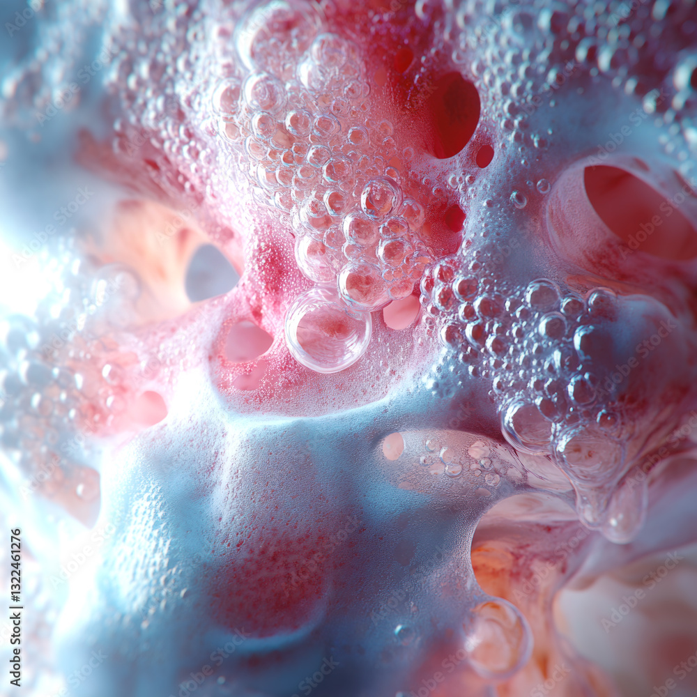 Poster Abstract composition of fluid, shimmering shapes. Transparent blues and pinks overlap to create a sense of depth and lightness