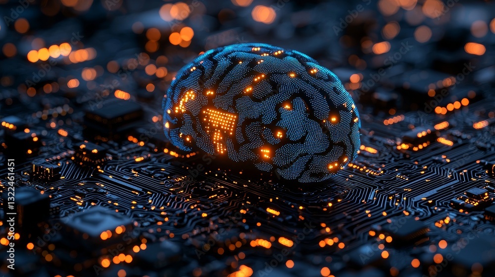 Poster a glowing blue brain circuit on a microchip positioned on a computer motherboard illustrates the con