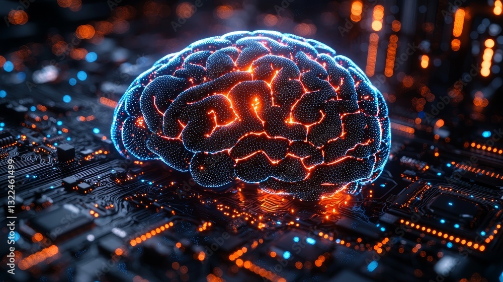 Poster the concept of stock hardware is depicted through a glowing blue brain circuit on a microchip sittin