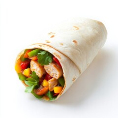 Fajitas rolled into a burrito, cross-section view showing layers, ultra-detailed, isolated on white background