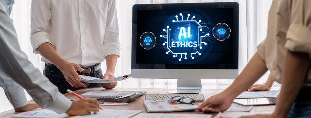AI ethics responsibility standard law and rules on computer screen provide report of AI ethic...
