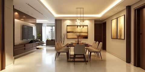 A modern living and dining room interior featuring contemporary furnishings