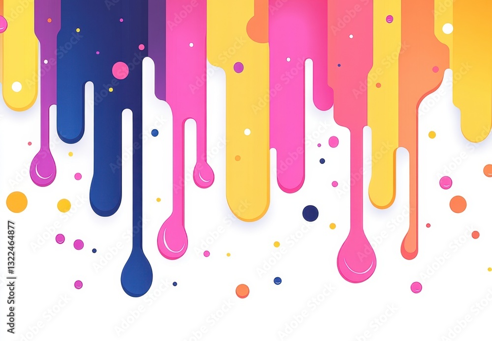 Poster colorful background with abstract dripping shapes and dots on a white background, colorful stripes, 