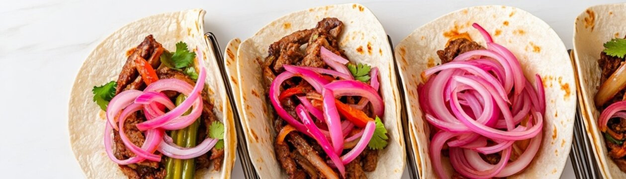 Fajitas with a side of pickled red onions, tangy and colorful, isolated on white background