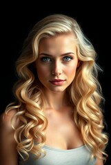 Fototapeta premium Stunning Portrait of a Young Woman with Long Blonde Hair and Blue Eyes Against a Dark Background