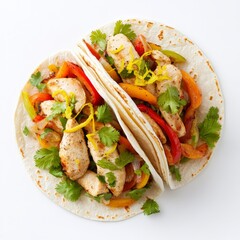 Chicken fajitas with a fresh citrus zest topping, bright and refreshing, isolated on white background
