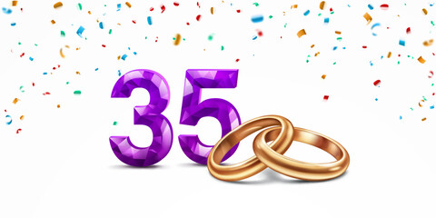 A purple faceted number 35 with intertwined golden wedding rings in foreground, surrounded by confetti, on white background, symbolizing the celebration of the thirty-fifth wedding anniversary.