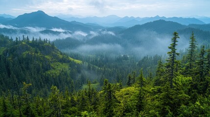 Misty mountain landscape, showcasing a breathtaking view of rolling green hills covered with lush evergreen forests.