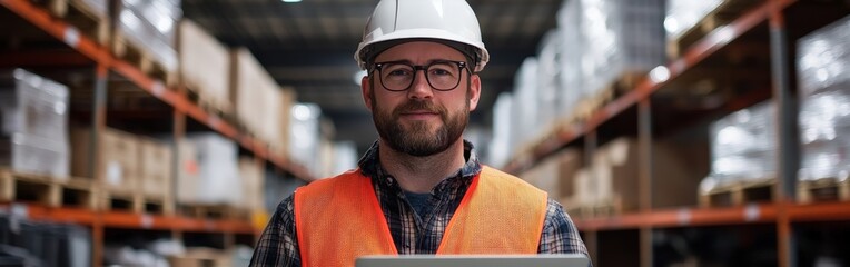 Warehouse Worker Managing Inventory on Laptop
