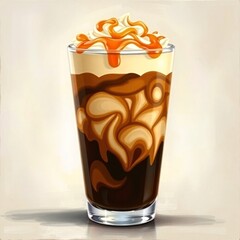 Iced caramel coffee frappe in a tall glass with whipped cream and caramel drizzle, stylish caf&eacute; beverage photography