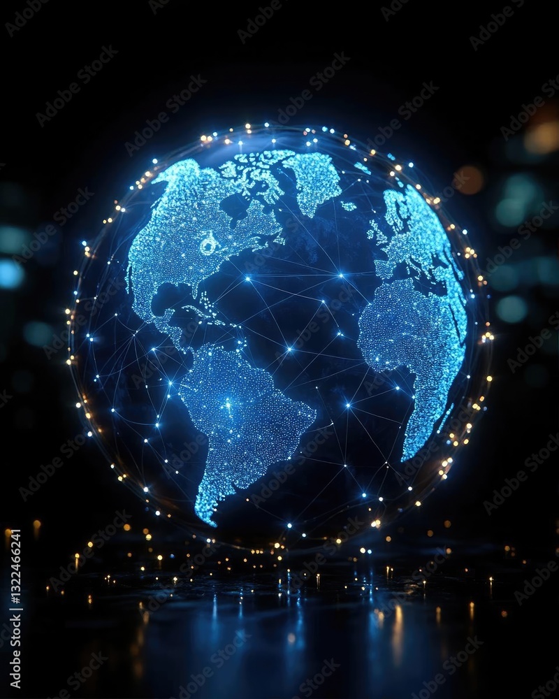Poster digital globe illuminated with interconnected lights against a dark background, symbolizing global c