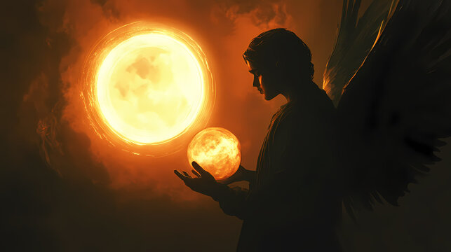 A serene illustration of archangel uriel holding glowing orb, radiating warmth and light. Luminous Halo. Illustration