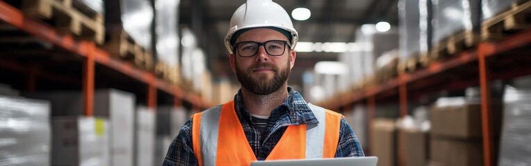 Warehouse Worker Managing Inventory on Laptop