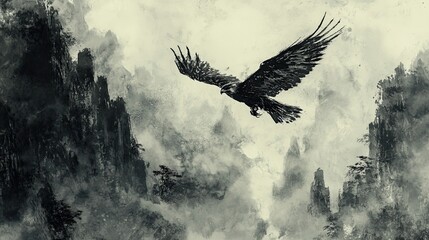 Obraz premium Bold Ink Painting of a Falcon Soaring Above a Misty Sky