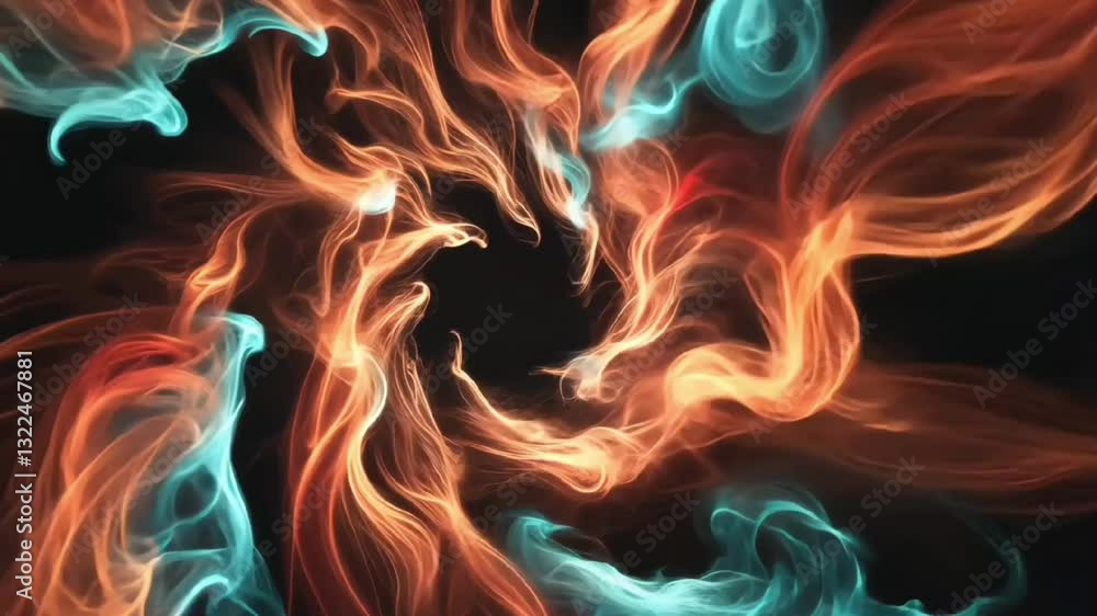 Poster abstract fiery energy explosion with bright swirling orange and blue flames in motion creating a pow