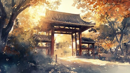 Fototapeta premium Sumi-e Painting of a Temple Gate Opening to Golden