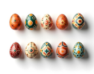  a set of 10 beautifully decorated Easter eggs placed on a white background in two rows