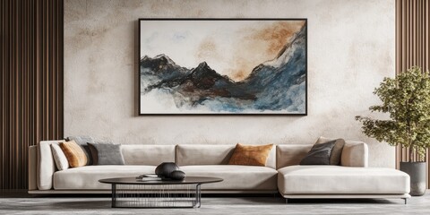 An artistic and modern living room features elegant furniture and a painting