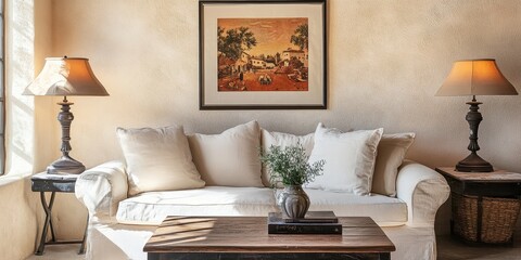 A cozy living room with comfortable furniture and art