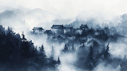 Fototapeta premium Ink Wash of a Village Hidden in Rolling Fog