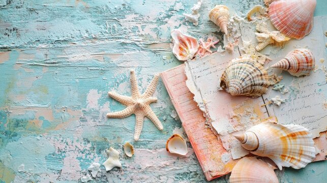 summer travel memories, summer vacation collage with pastel hues, seashell decor, and mixed-media travel journal pages, dreamy and artistic