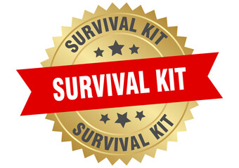 survival kit. survival kit round red and gold label isolated on transparent background