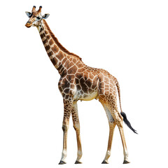Obraz premium Giraffe standing isolated against a white background showcasing its unique patterns and tall stature in nature, giraffe isolated on aisolated on white background