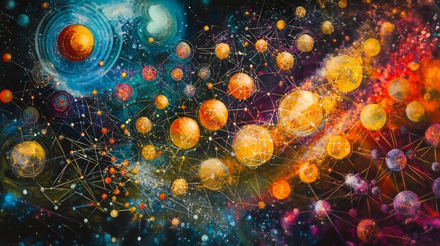 High detail depiction of quantum chromodynamics symbolic quarks gluons and interwoven geometric patterns for the strong interaction