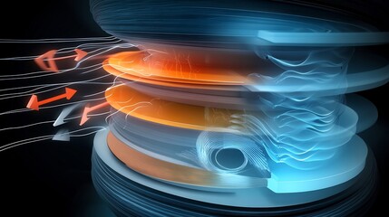 High detail depiction of thermodynamics featuring symbolic arrows layered forms for energy transfer and entropy