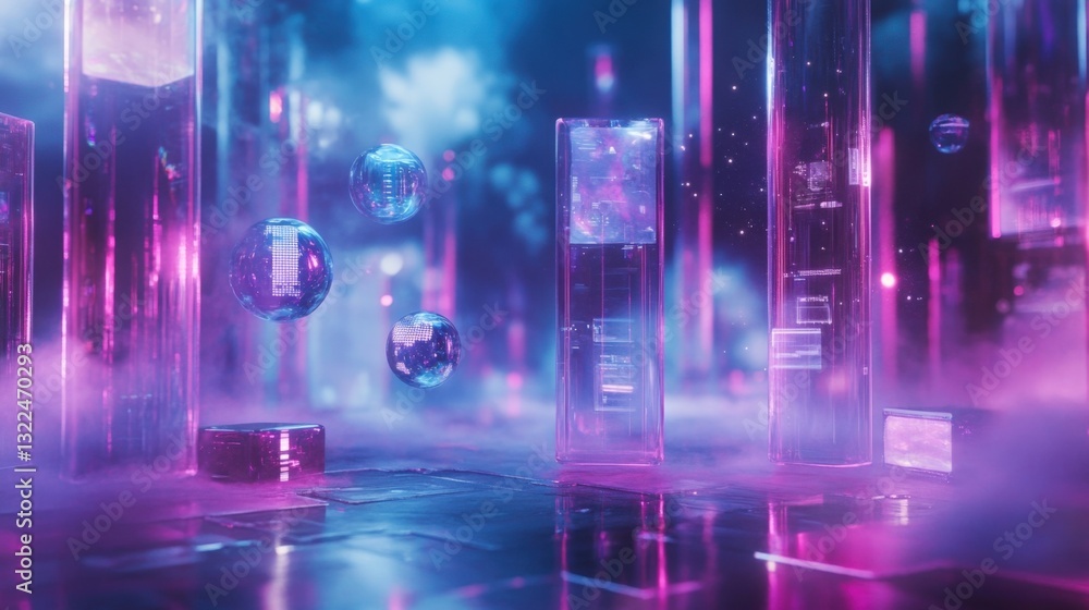 Poster futuristic server room with neon lights, data streams, and floating orbs, creating a vibrant and tec