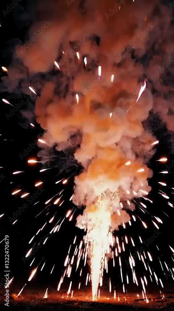 Poster dynamic fireworks explosion against night sky in burst sequence