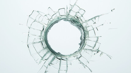 Close-up of a shattered bullet hole in glass, isolated against a white background. High-resolution stock photo capturing intricate cracks and impact details, perfect for security, and destruction