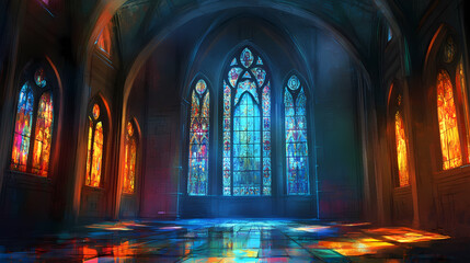 Gothic church stained glass window, interior, religious, light, architecture, mystical. Stained Light. Illustration