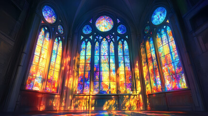 Gothic church stained glass windows, colorful light reflections. Stained Light. Illustration