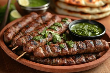 Sizzling skewers of marinated meat served with green sauce and freshly baked bread at a rustic dining table