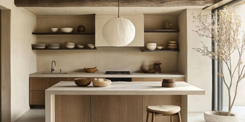 A Modern Kitchen Interior Showcasing Neutral Tones and Natural Elements