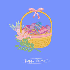Happy Easter greetings with a basket of eggs and flowers