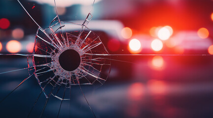Close-up of a shattered bullet hole in glass, isolated against a white background. High-resolution stock photo capturing intricate cracks and impact details, perfect for security, and destruction