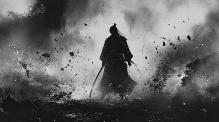 Obraz premium Ink Wash of a Samurai Standing on a Battlefield