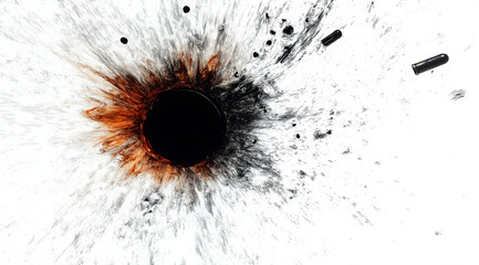 Close-up of a shattered bullet hole in glass, isolated against a white background. High-resolution stock photo capturing intricate cracks and impact details, perfect for security, and destruction