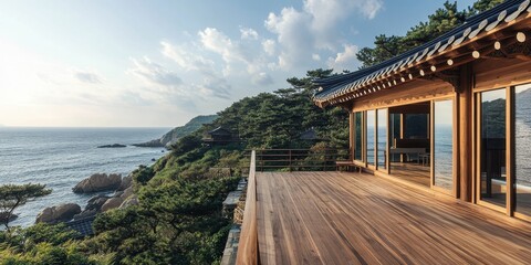 Obraz premium A scenic view of the ocean from a wooden building structure