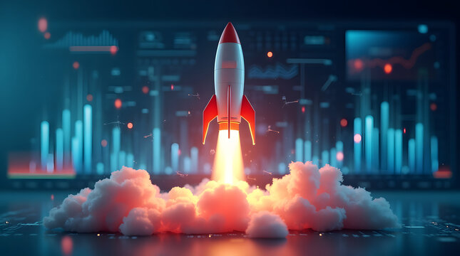 A   vibrant futuristic rocket launching from a digital control center, surrounded  in a futuristic technology environment. Illuminated with neon colors, symbolizing innovation and space exploration