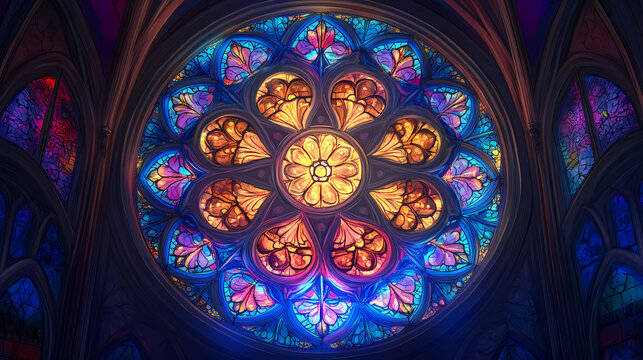 Radiant rose window illuminates sacred space. Stained Light. Illustration