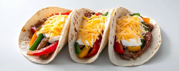Fajitas with shredded cheese melting on top, warm and gooey, high-detail food photography, isolated on white background