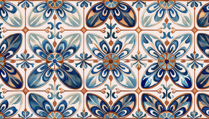 Ornate tile pattern with blue and brown floral and leaf motifs, featuring symmetrical and intricate designs, showcasing the beauty of traditional craftsmanship Generative AI